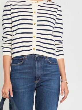 CAARA Striped Navy & Cream Button Cardigan